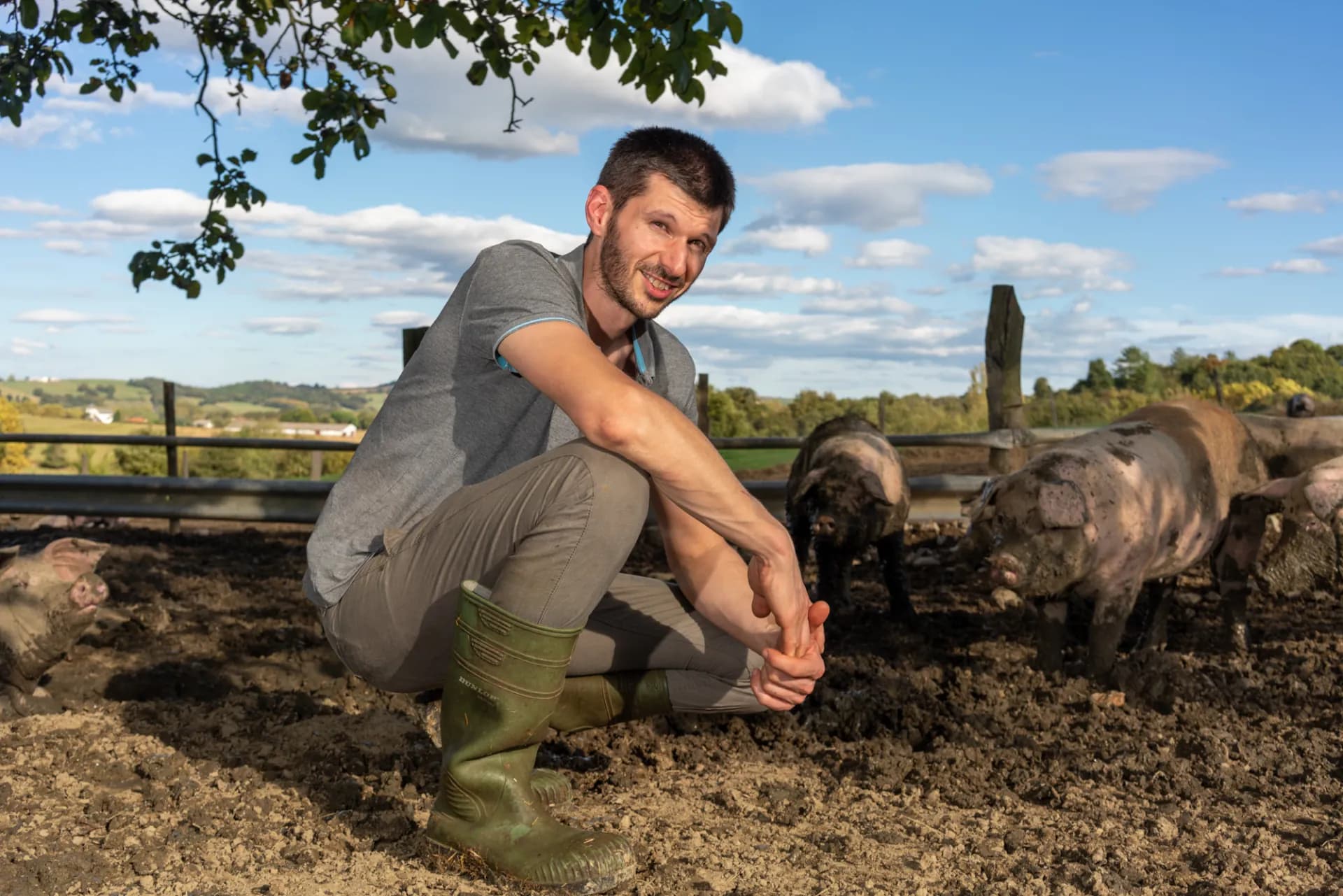 Bénat Petit auprès de ses porcs Duroc en plein air, collines du Pays Basque